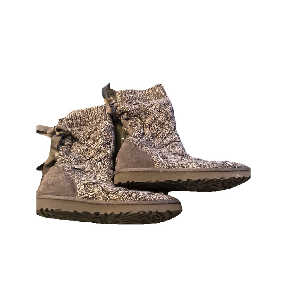 UGG Australia Isla Gray Cable Knit Winter Boots Ribbon Lace Tie Women's Size 8